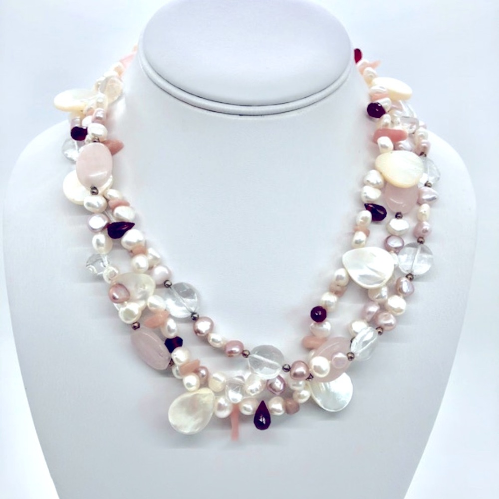 Real pearl, mother of pearl,  rose quartz, & pink agate triple strand necklace